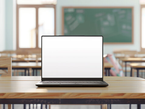 Modern laptop with blank screen on table in classroom.