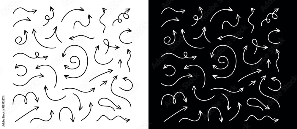 Wall mural Doodle arrows. Hand drawn line pointers, pencil sketch elements, round curly wavy direction arrows. Vector linear black arrow set isolated on white and black background.