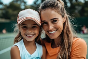 Fototapeta premium A delighted mother and daughter, both in sporty outfits, smile brightly after a tennis match, showcasing the enthusiasm and strong bond shared on a sunny day outdoors.