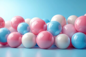 Group of pink, white and blue balls lying on a blue surface