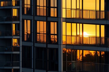 A high-rise apartment window, reflecting the golden hues of a setting sun.