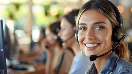 A detailed close-up of customer service agents smiling and engaging with customers over the phone, representing teamwork and customer satisfaction, shot from a straight-on perspective,