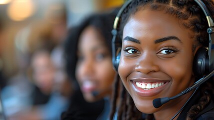 A detailed close-up of customer service agents smiling and engaging with customers over the phone, representing teamwork and customer satisfaction, shot from a straight-on perspective,