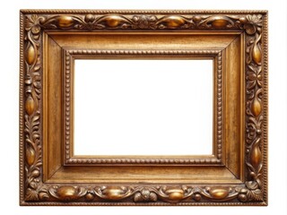 Elegant antique gold brown classic old vintage wooden rectangle frame isolated on white, featuring diverse subject molding, perfect for paint, mirror, or photo display.