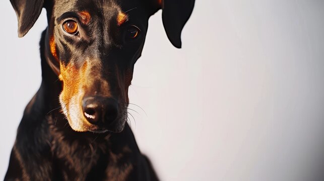 Beautiful dobermann pinscher dog posing on a white background, its gaze intense and captivating