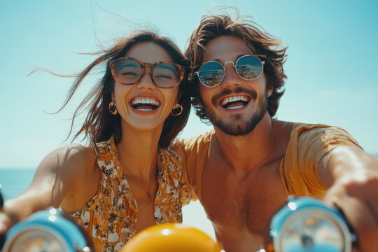 Happy couple having fun riding motor scooter at beach