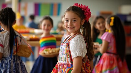 A vibrant scene of a multicultural festival at a school, with students and teachers celebrating various cultures through traditional dress, food, music, and dance, emphasizing the importance of