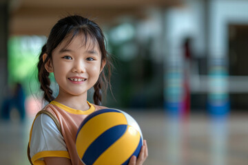 Beautiful seven year old Asian girl smiling, holding a volleyball ball in her hands, playing volleyball in a modern volleyball school, development concept, advertising banner