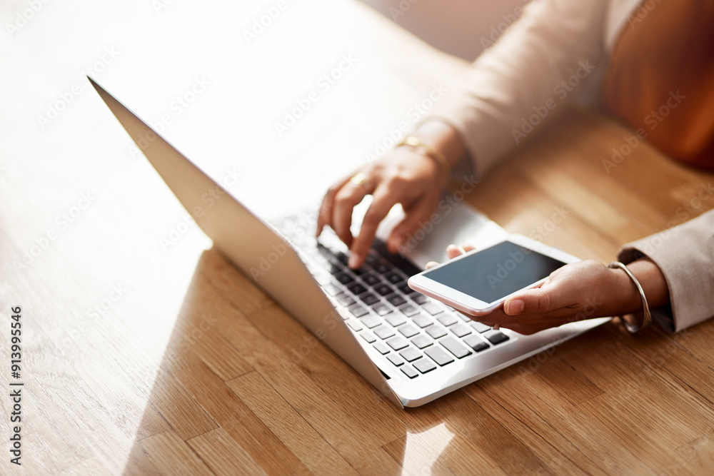 Sticker Hands, laptop and phone with person at desk of office for business flight booking or confirmation. Computer, email and keyboard with corporate employee in professional workplace for communication