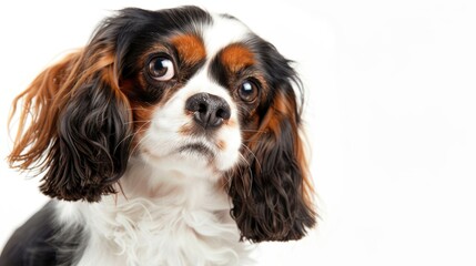 Curious cavalier king charles spaniel posing on a white background