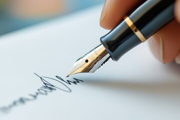 Fototapeta premium Businesswoman signing important document with golden fountain pen