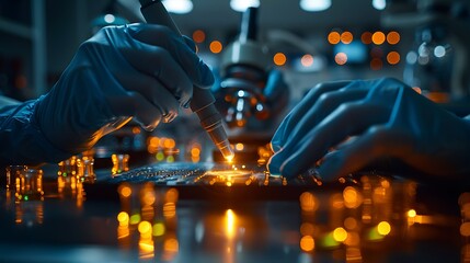 A detailed close-up of scientists’ hands working with advanced lab equipment, representing teamwork and precision, shot from a straight-on perspective, high-tech lab background with focused lighting.