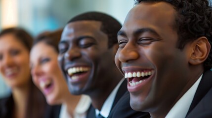 Obraz premium Diverse business team laughing together during a meeting. Concept of teamwork, collaboration, success, and positive workplace culture.