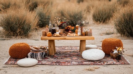 Desert picnic with a boho setup, colorful rugs, and a variety of snacks, no one present, celebrating Labor Day, desert oasis