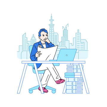 椅子に座って考えている男性のイラスト　建築家