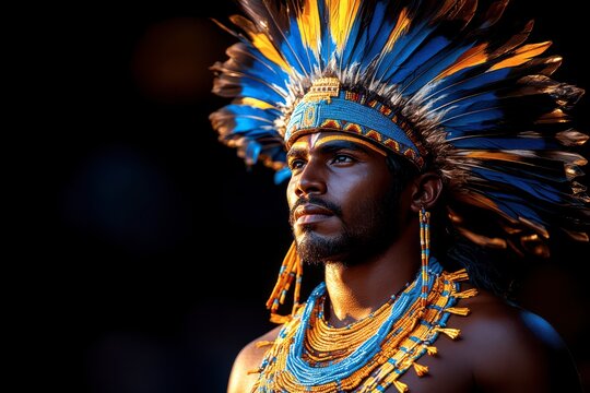 A close-up photograph of a man with dark skin wearing a traditional headdress made of blue and orange feathers. The headdress is adorned with intricate beadwork and the man has a focused, contemplativ