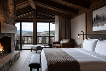 Fototapeta premium A warm and inviting bedroom in a chalet featuring a comfortable bed, a stone fireplace, and large windows that offer a stunning view of the mountains outside.