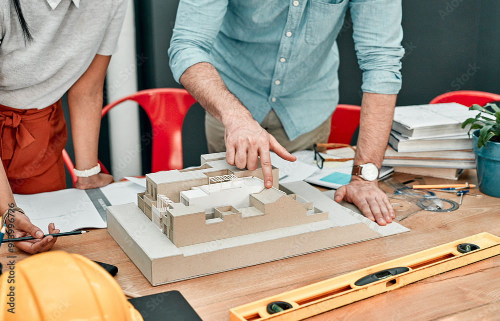 Poster architecture, 3d model and business people in meeting with design, floorplan and building project. c