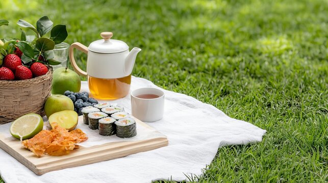 Minimalist picnic setting with sushi, fruit, and tea in a modern city park, no people visible, Labor Day, urban sophistication