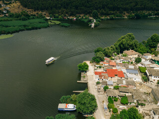 Aerial view of Ioannina Island on Ioannina Lake, Epirus region, Greece.