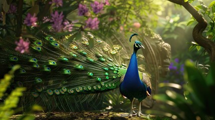 Obraz premium A vibrant peacock displaying its colorful feathers in a lush garden