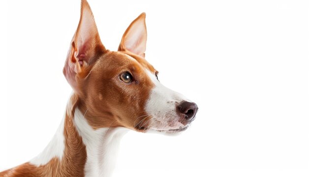 Beautiful podenco andaluz dog with erect ears is posing on a white background looking curiously upwards
