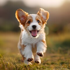 Joyful Puppy Running with Floppy Ears Through Lush Green Park Outdoor Scene