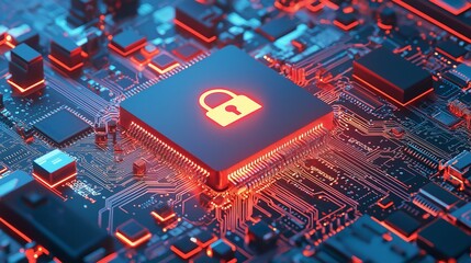 Futuristic microchip with a security lock symbol, representing advanced technology and data protection in a digital environment.
