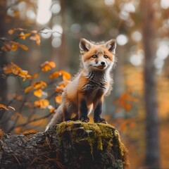 Fototapeta premium Playful and Curious Fox Cub Exploring the Autumn Forest Landscape