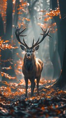 Majestic Stag in Misty Autumn Forest with Illuminated Antlers