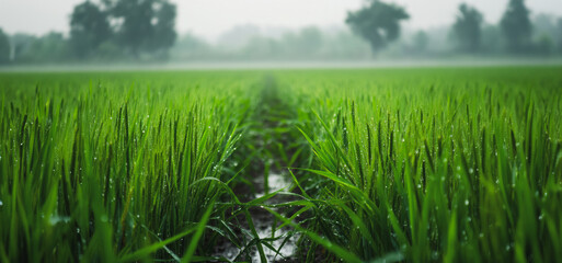 Obraz premium Lush Green Rice Fields After Rainfall in Rural Landscape During Early Morning Hours