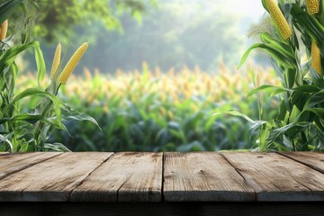Obraz premium Sweet corn field and wooden table at Agriculture corn. 3D illustration, of free space for your texts and branding with generative ai