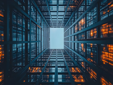 A captivating view looking up through a modern building, showcasing glass and illuminated spaces against the sky.