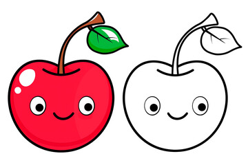 Cartoon fruits, funny drawn cherry with contour lines isolated on a transparent background. Simple Fruits Clip Art, Printable cherry Coloring Page. Simple coloring book for children.
