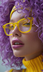 Closeup portrait of a beautiful young woman with purple hair and yellow glasses