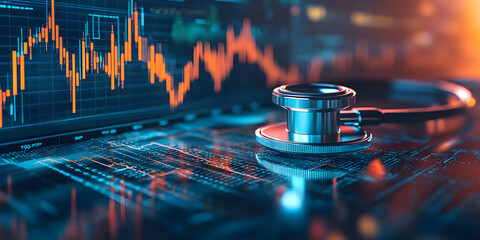 A modern stethoscope placed on a digital graph, symbolizing health data analysis and financial healthcare trends.
