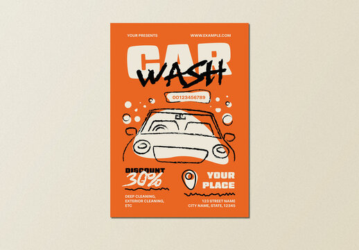 Orange Bold Playful Handrawn Car Wash Flyer Layout