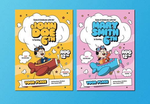 Pink Blue Retro Playful Cartoon Kids Airplane Birthday Invitation Flyer Layout