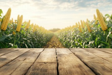 Sweet corn field and wooden table at Agriculture corn. 3D illustration, of free space for your texts and branding with generative ai
