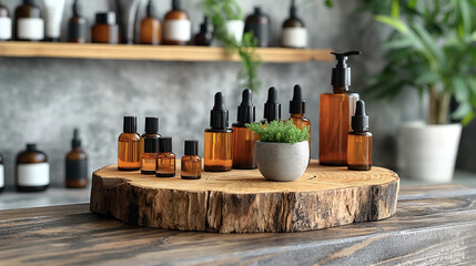 Fototapeta premium Set of cosmetic bottles in row on beige background. Concept of beauty care. Mockup for product display.
