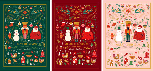 Christmas greeting cards with funny Santa Claus, nutcracker and snowman. Christmas illustration in Scandinavian style with traditional Christmas and New Year elements