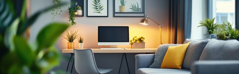 A low-angle shot of a minimalist office corner with a simple desk, a modern chair, and an elegant floor lamp, highlighting clean lines and open space, A low-angle shot.