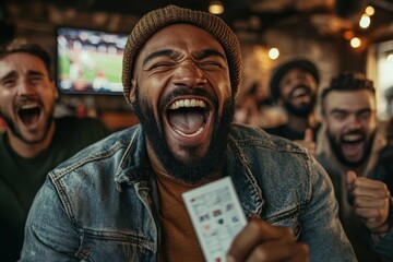 A dynamic scene showing jubilant sports fans celebrating together in sheer excitement while watching a live game, highlighting emotions of joy, unity, and enthusiasm among friends.