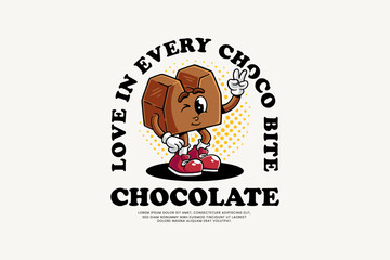 Chocolate Bar Vector Icon Illustration. Chocolate Bar Retro Logo Mascot Cartoon Character with Standing Pose and Peace Sign Hand  Suitable for Web Landing Page, Banner, Flyer, Sticker, Card