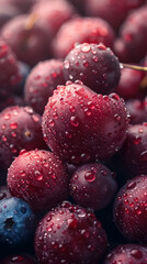 Fresh cherries with water drops close up, selective focus, shallow DOF