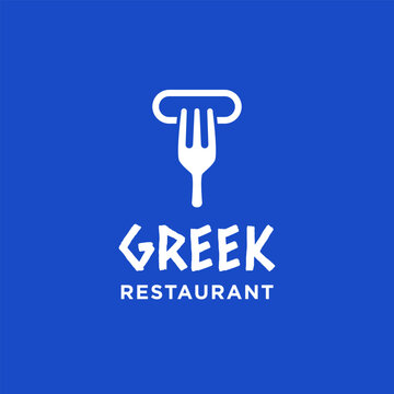 Fork With Greek Ancient Coloumn Pillar Logo Design For Food Cuisine Restaurant Company