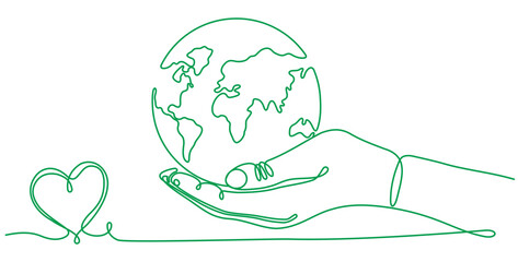 continuous line drawing of human hand holding world planet earth