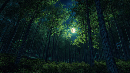 Naklejka premium A high definition photographic creative of a dark forest at night, capturing the atmospheric beauty and tranquility of nature. Suitable for use in nature photography, wilderness exploration,...