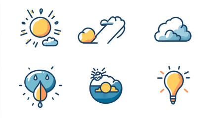 Naklejka premium Weather icons with lines around them, that can be changed as needed, are on a white background. They are flat and clear images that are 64x64 pixels.