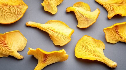 Naklejka premium Freshly Harvested Golden Chanterelle Mushrooms on Gray Surface